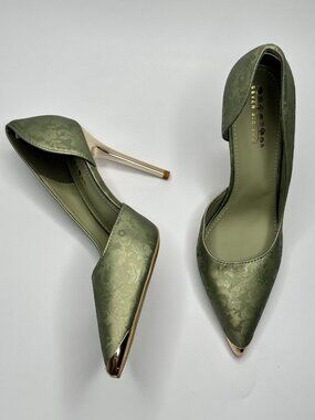 Seven Big Tree Green Floral Jacquard High Heel Pumps Size 42